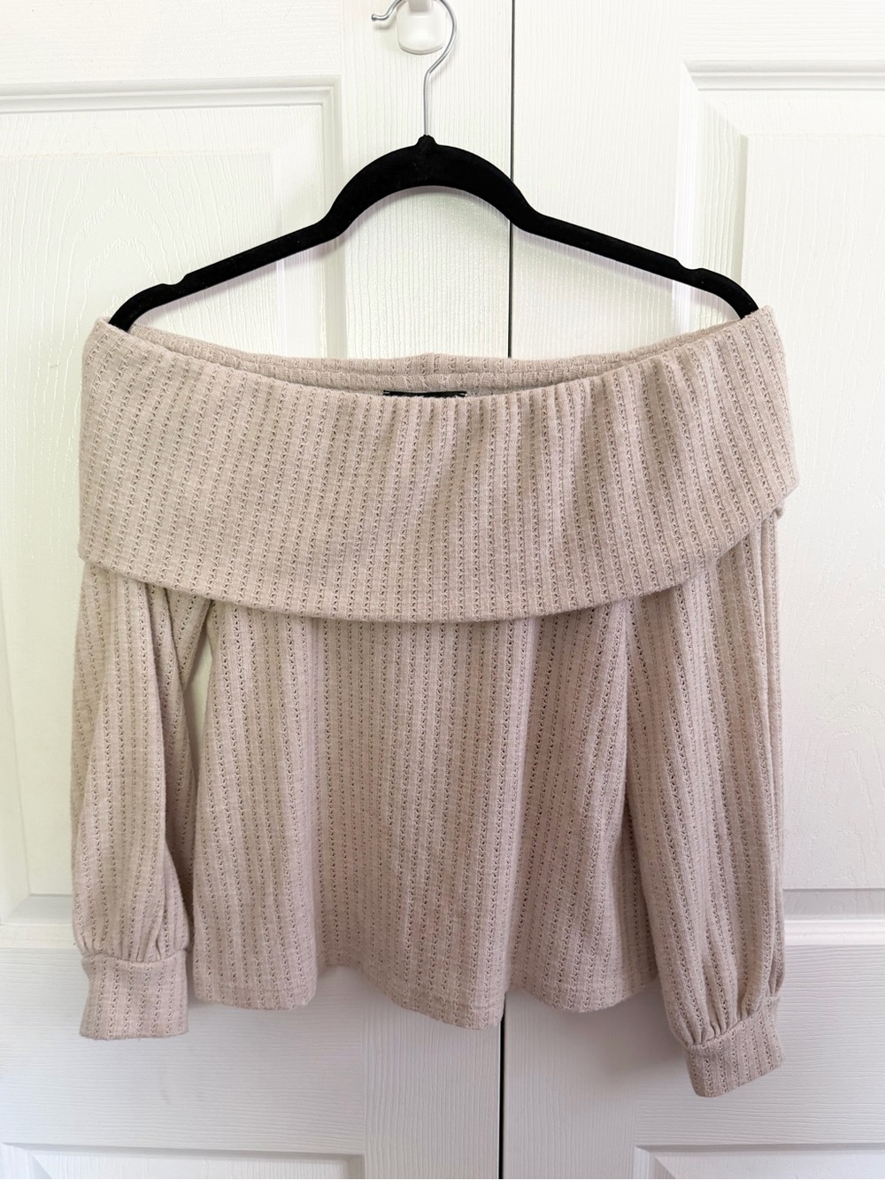 Final Touch Off-the-Shoulder Ribbed Sweater in Beige